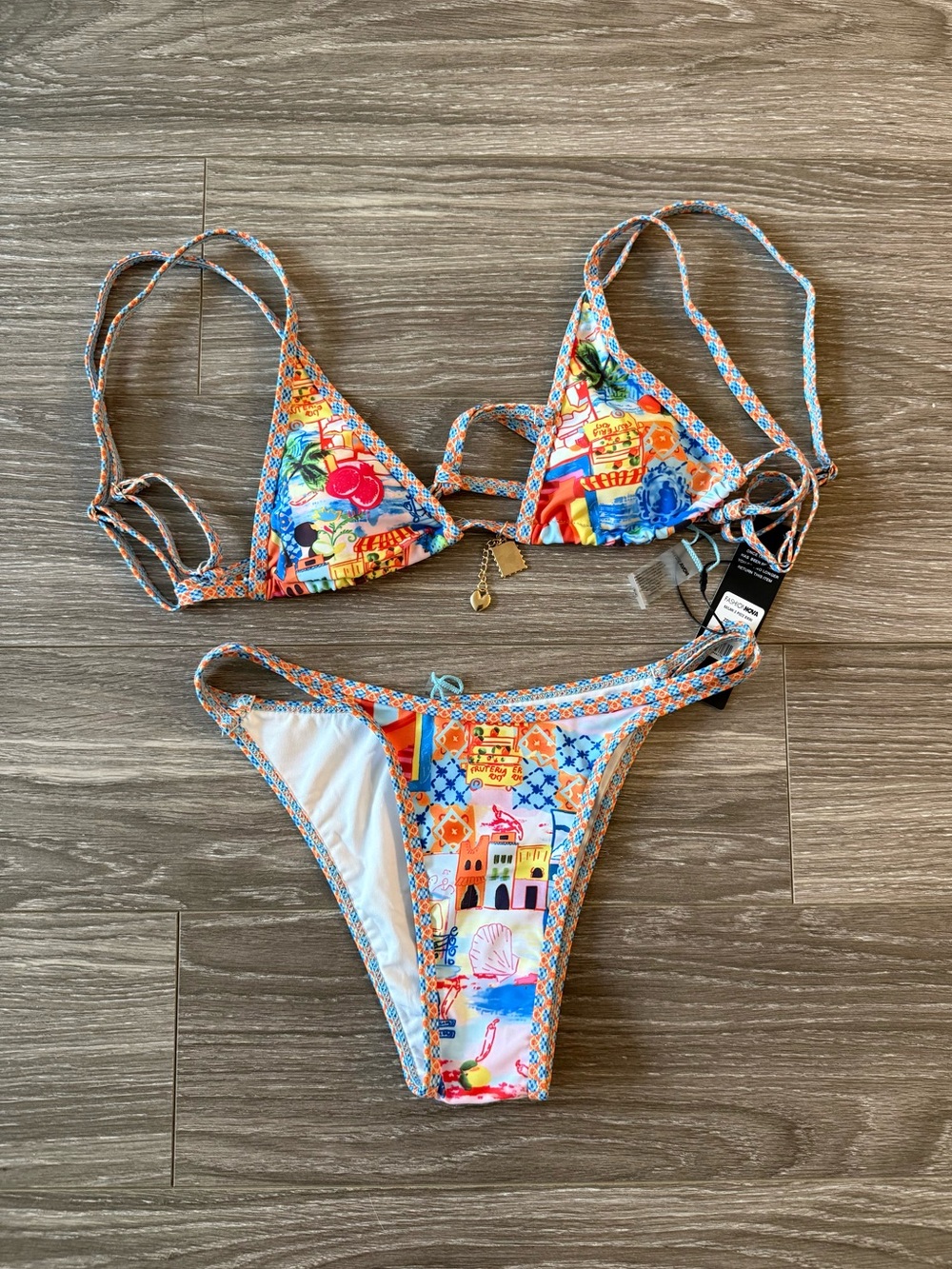 Patterned Multicolor Triangle Bikini Top and Bottom Set - Women